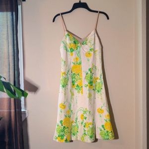 Tracey Reese white w/yellow roses print 100% silk summer dress, size 2
